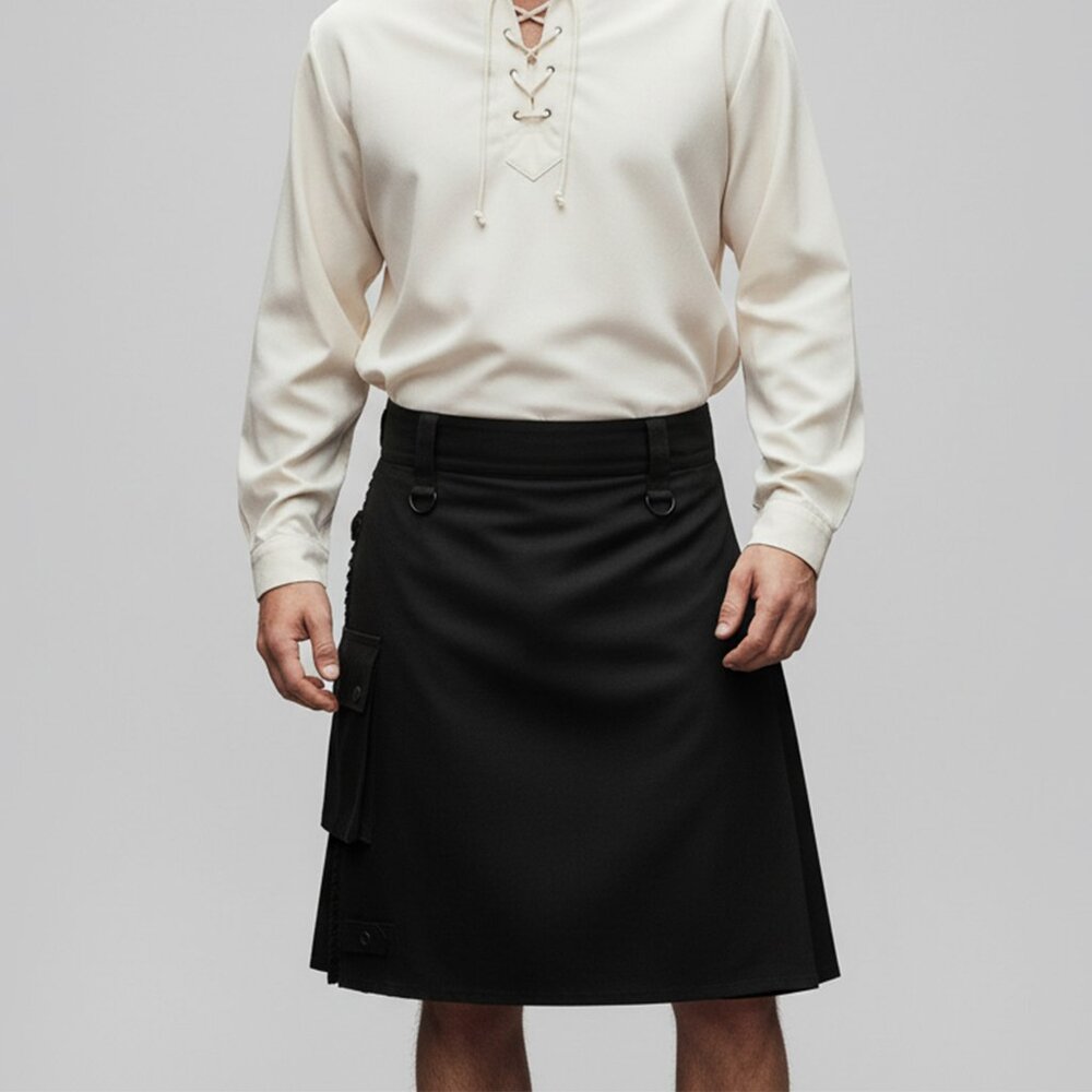 Men’s Scottish Style Black Cotton Utility Kilt Adjustable Leather Straps
